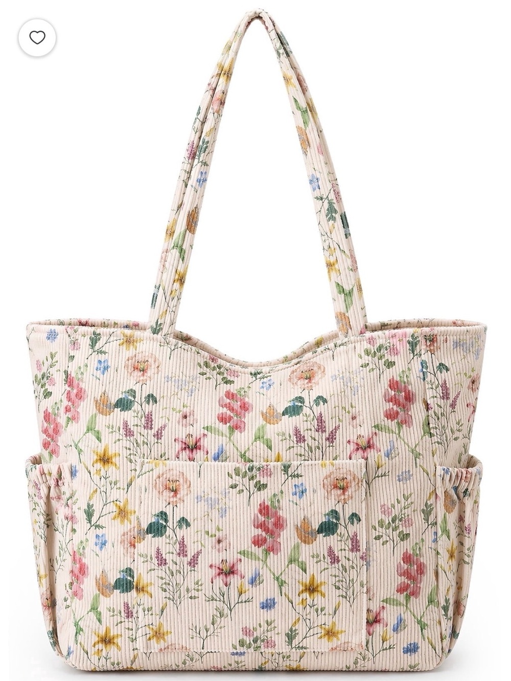 Floral Print Corduroy Cream Canvas Tote Bag with Shoulder Straps
